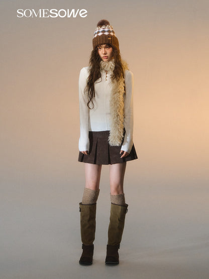 SOMESOWE S2508261 Lace patchwork velvet pleated leather short skirt