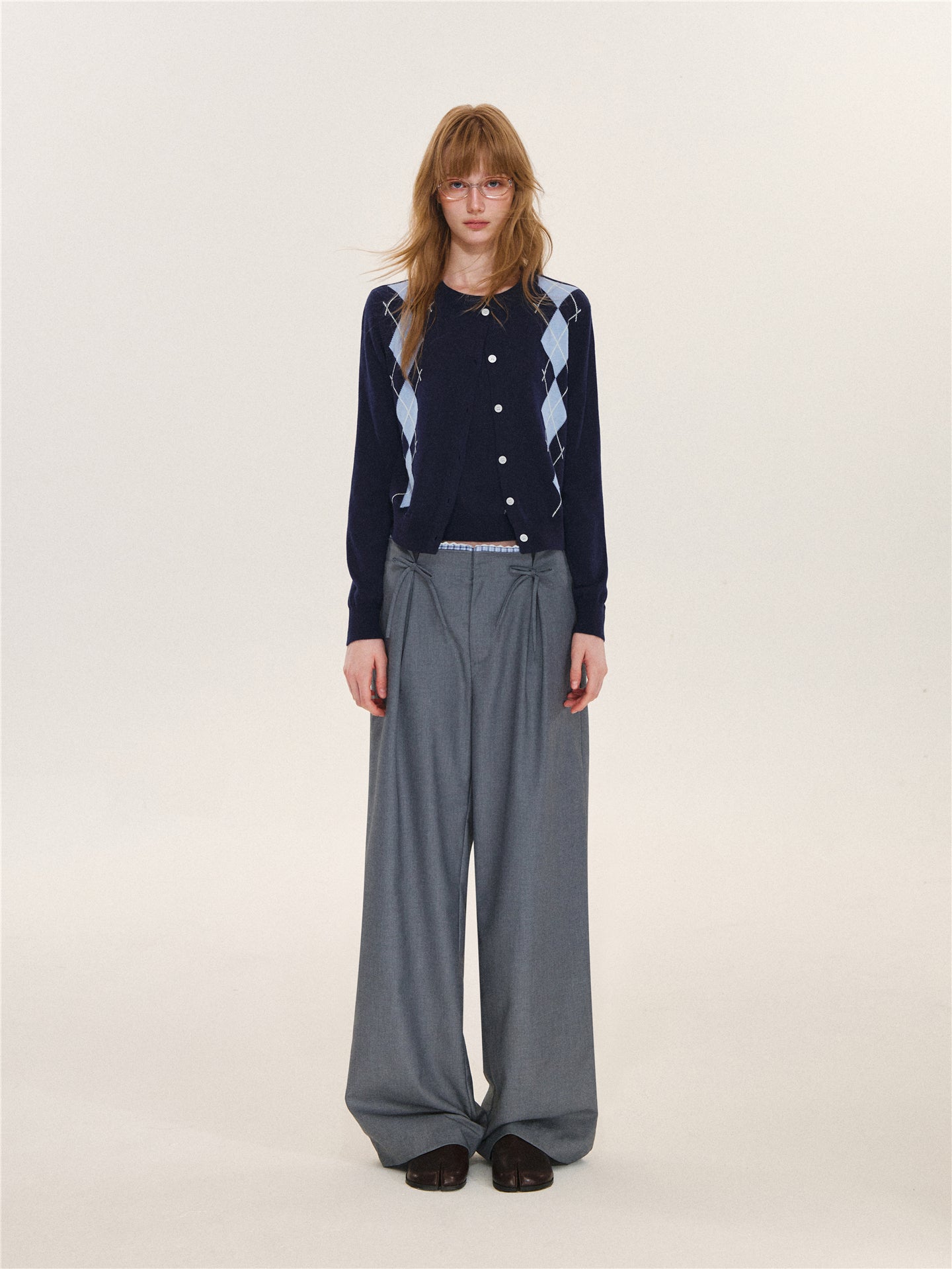 Asgony ASG26627 Plaid Lace-Trim Pleated-Waist Trousers