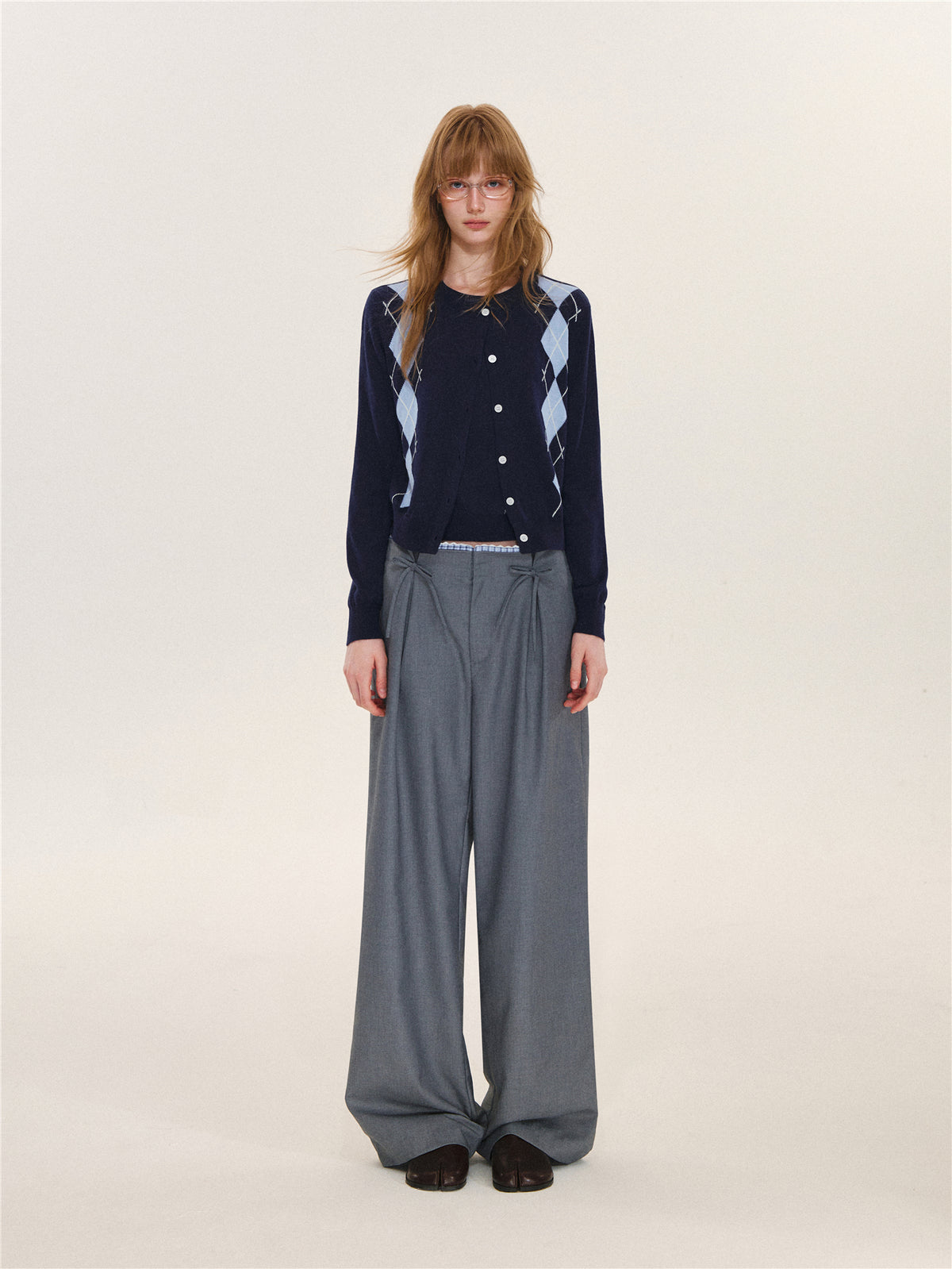 Asgony ASG26627 Plaid Lace-Trim Pleated-Waist Trousers