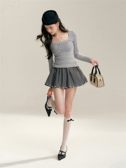 16DEWS 16D26050 Mesh splicing square collar design slim fit top