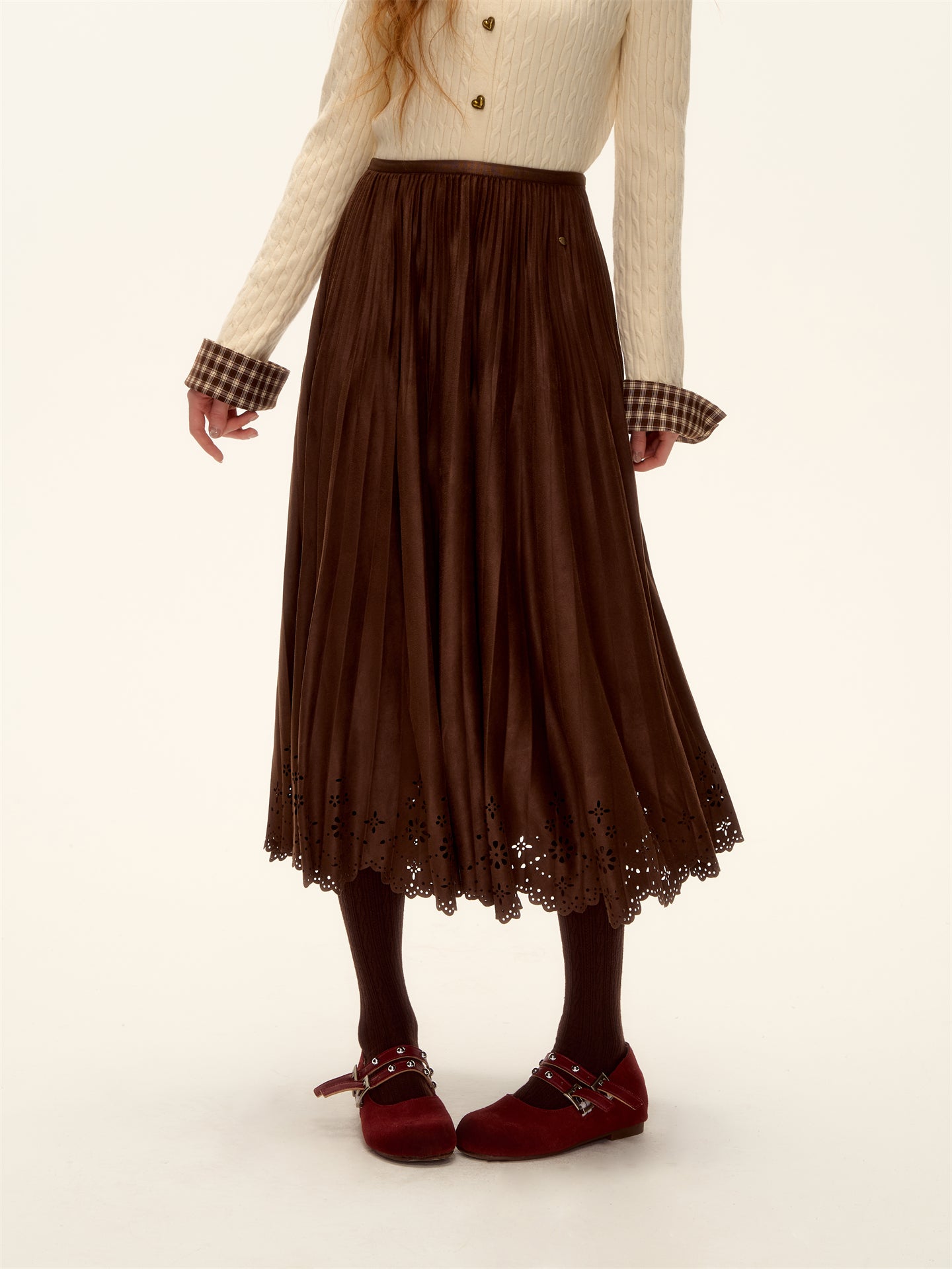 AsGony ASG25477 Hollow lace hem pleated suede long skirt