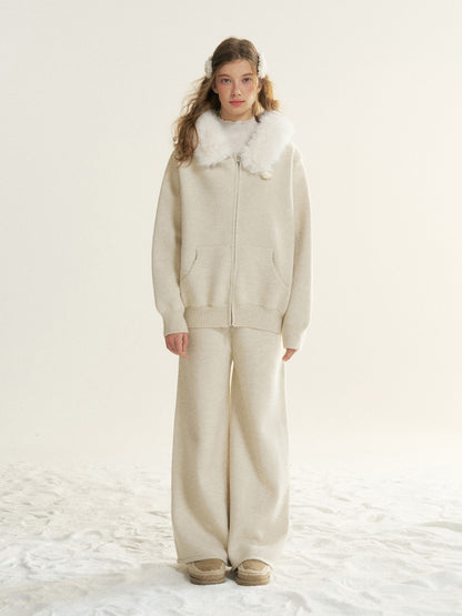 16DEWS 16D25555&amp;16D25556 Cleanfit detachable fur collar hooded knitted cardigan + pants set