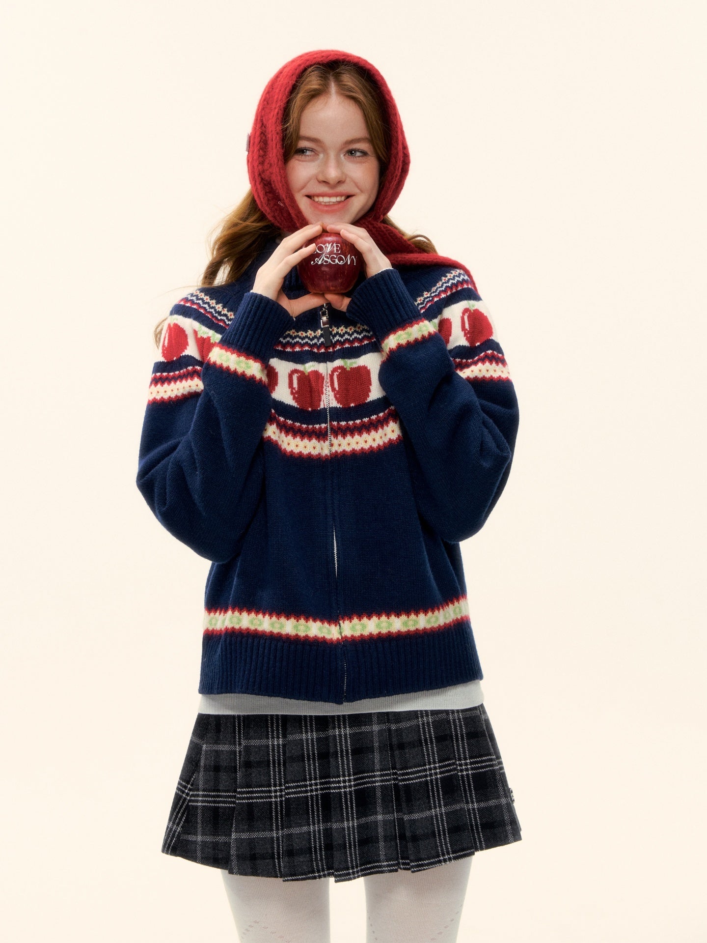 AsGony ASG25626 Wool Fel Island Jacquard Zipper Knitted Sweater Jacket