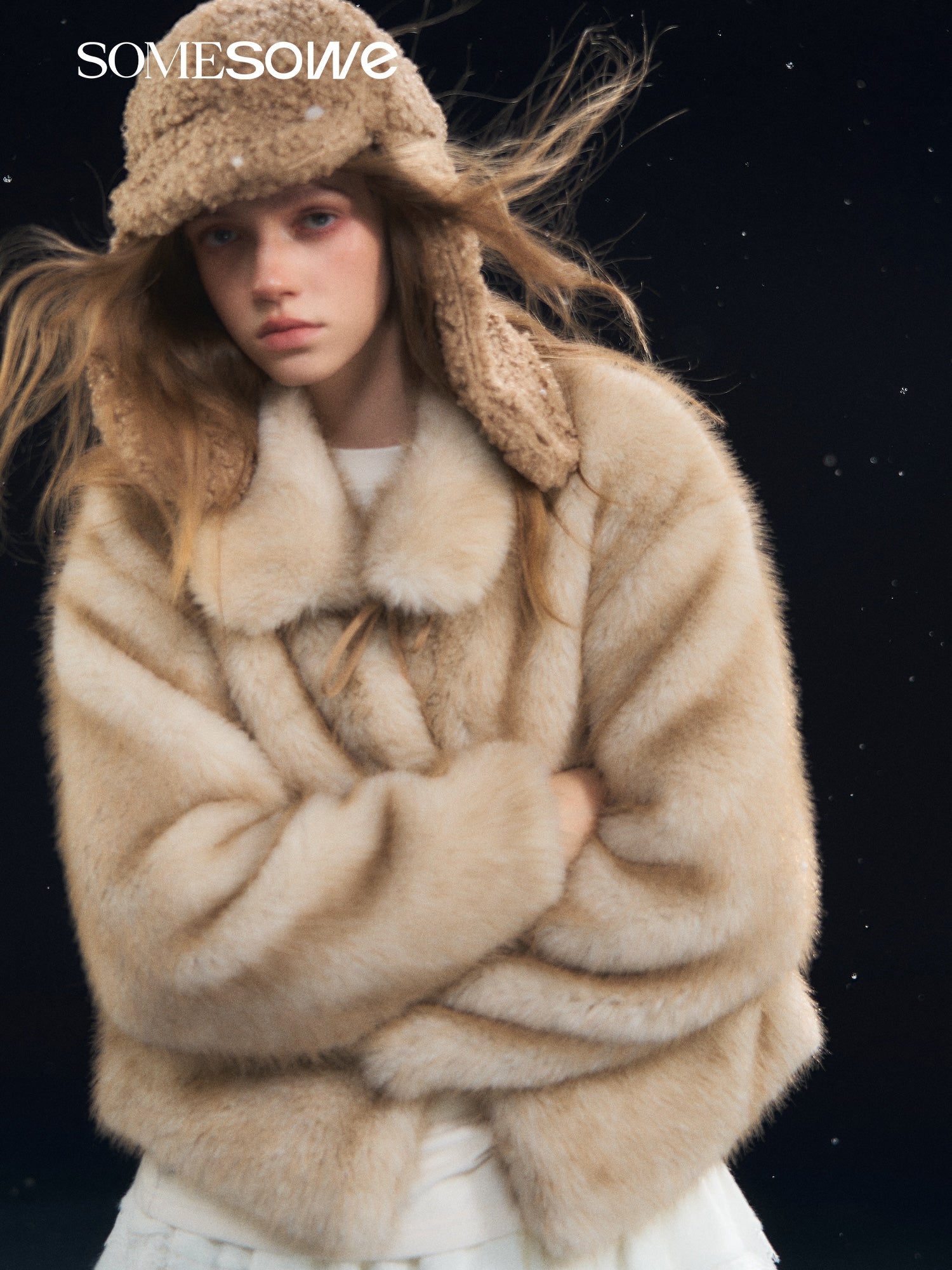 SOMESOWE S2508312 Tie up collar fur coat