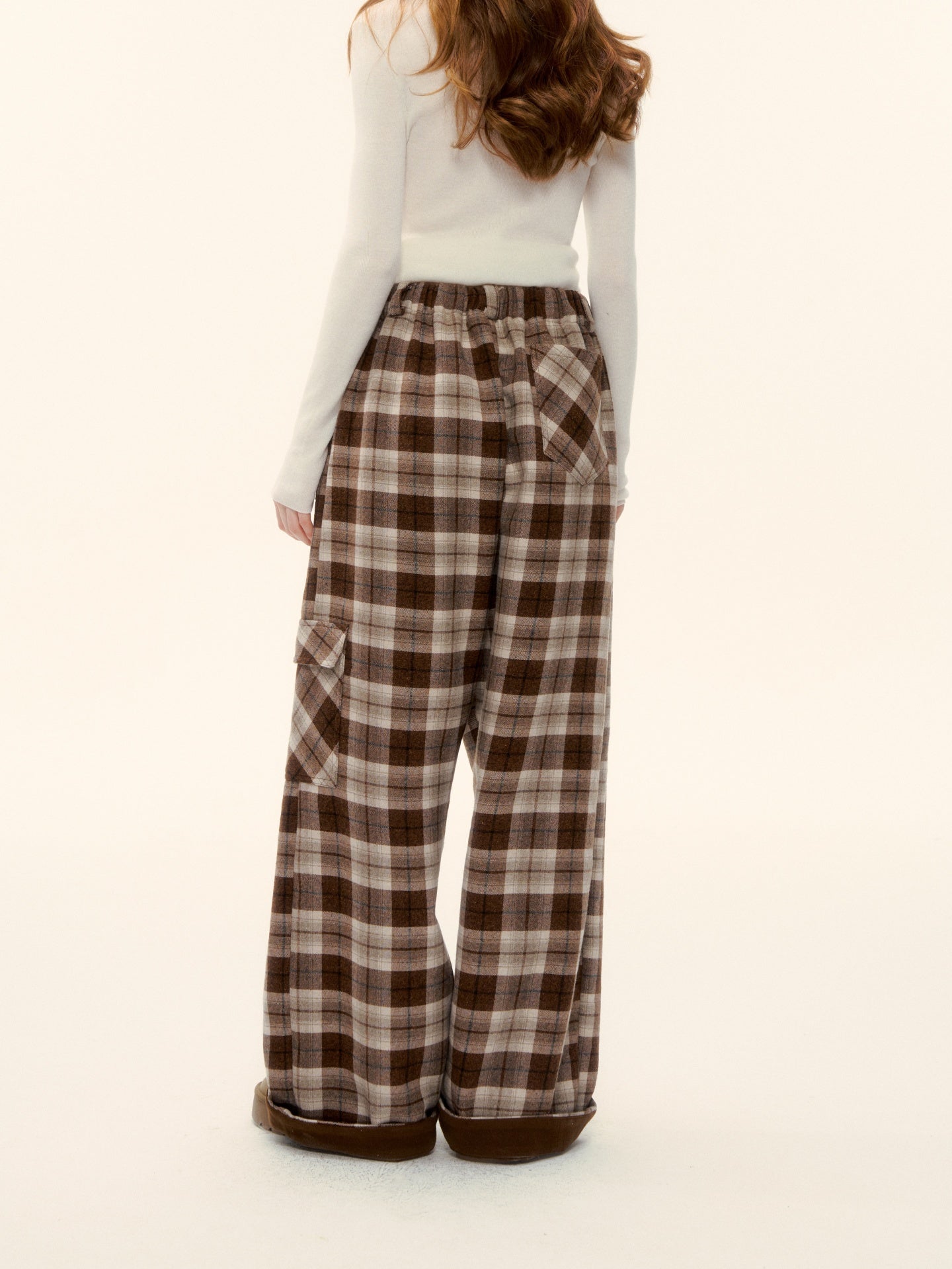 AsGony ASG25629 Elastic plaid wide leg casual pants