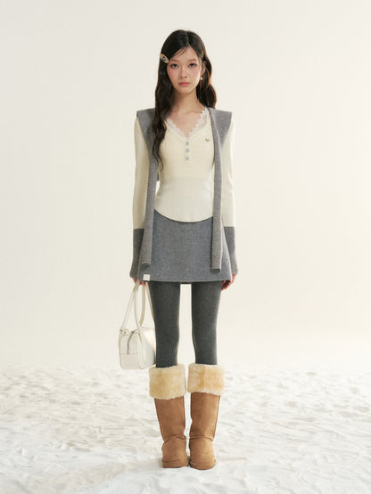 16DEWS 16D25520 Color blocking V-neck long sleeved slim knit sweater