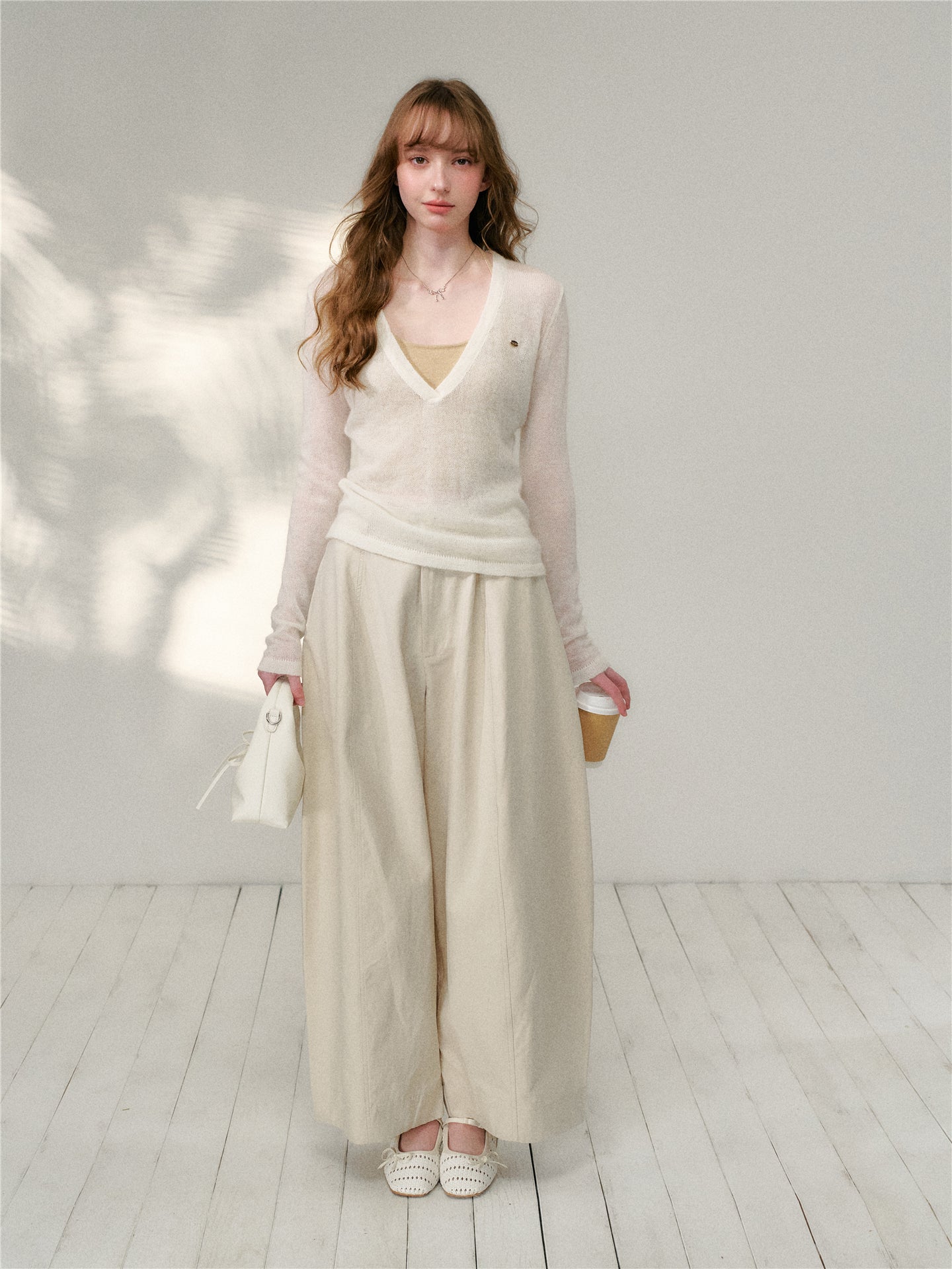 16DEWS 16D26097&amp;16D26098 V-neck wool mohair knitted sweater two-piece set + pants