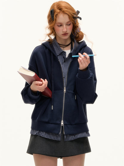 AsGony ASG25398 Fake two piece checkered patchwork hooded zipper hoodie