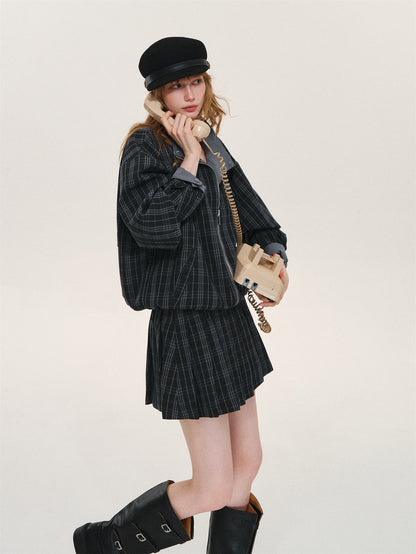 Asgony ASG26610 Vintage Plaid Contrast-Waist Pleated Skirt