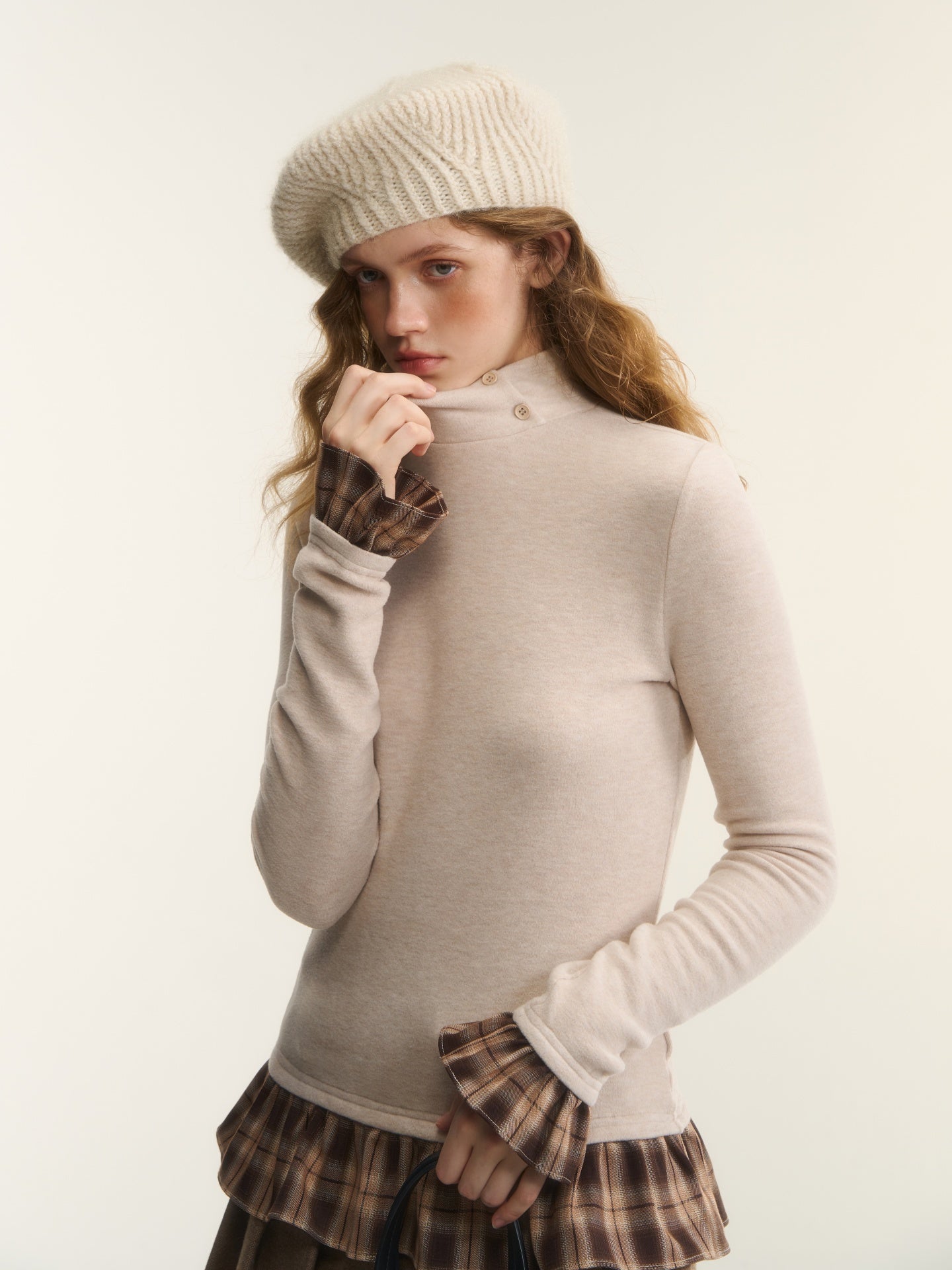 AsGony ASG25561 Wool stand collar with grid splicing and slim fit base top