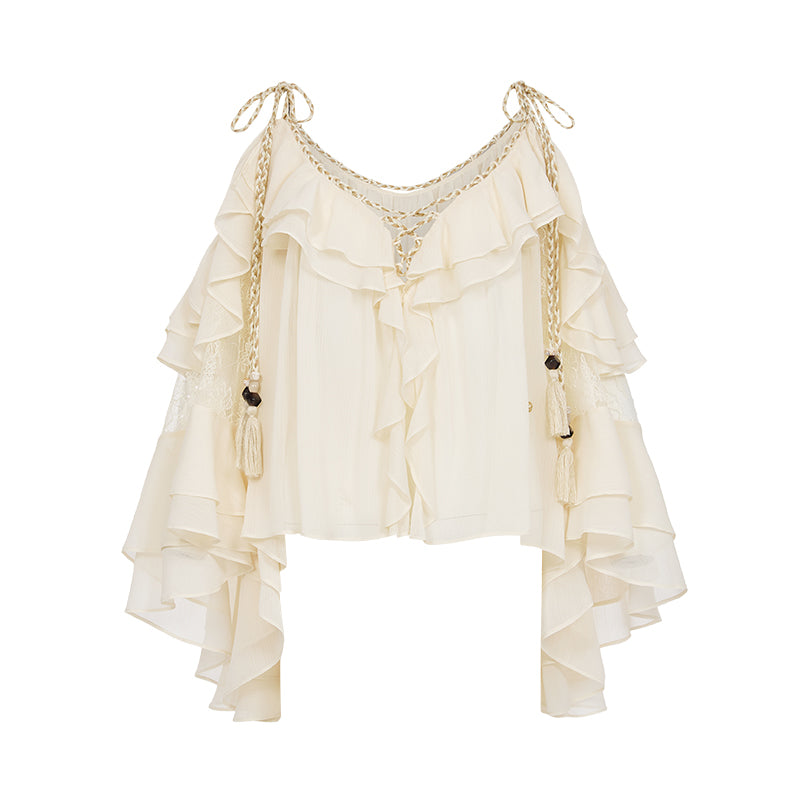 SHEERLUCK SLCY25301 Chiffon ruffled V-neck top