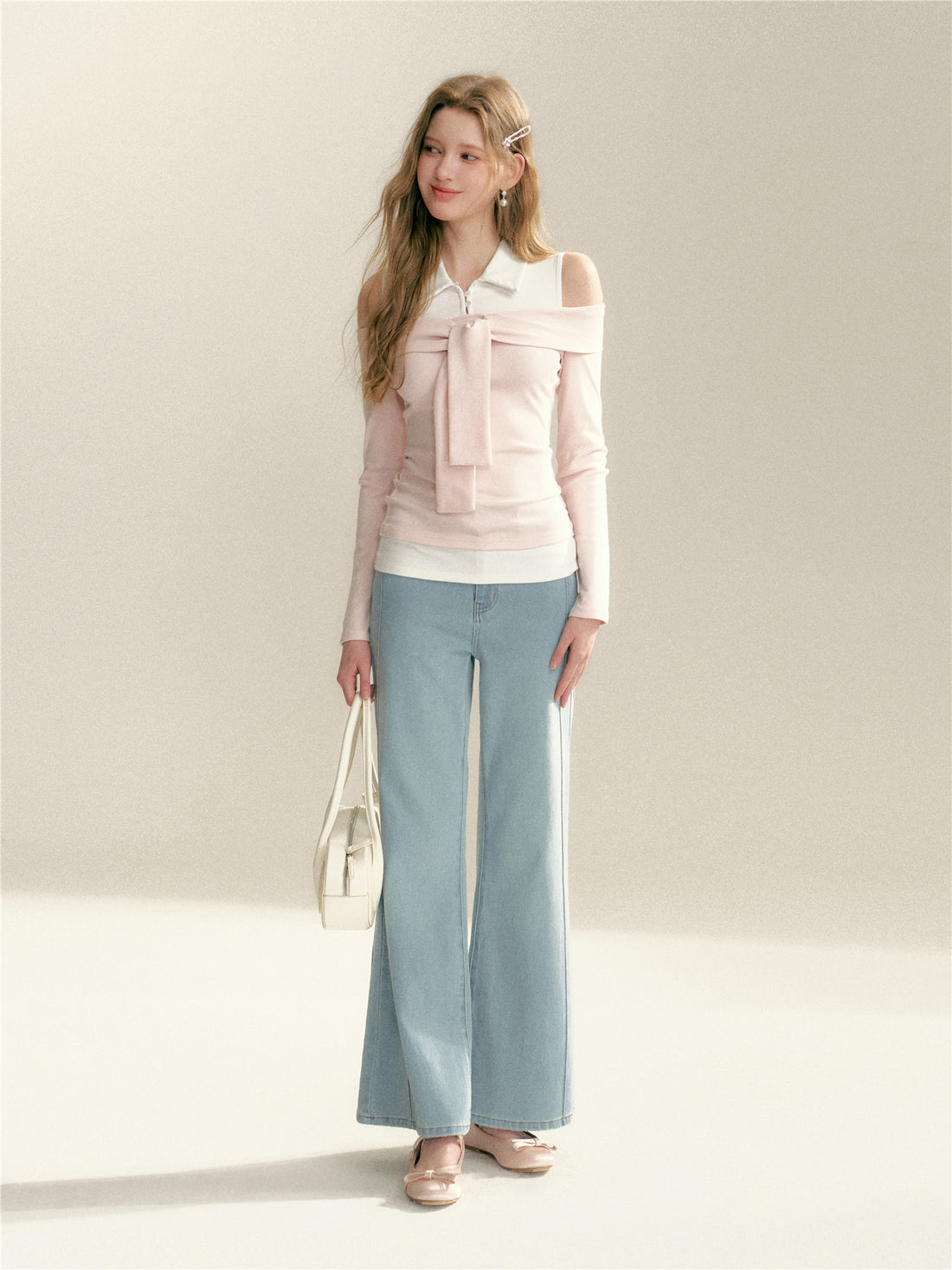 16DEWS 16D26022 Fake two piece off shoulder strap splicing slim fit top