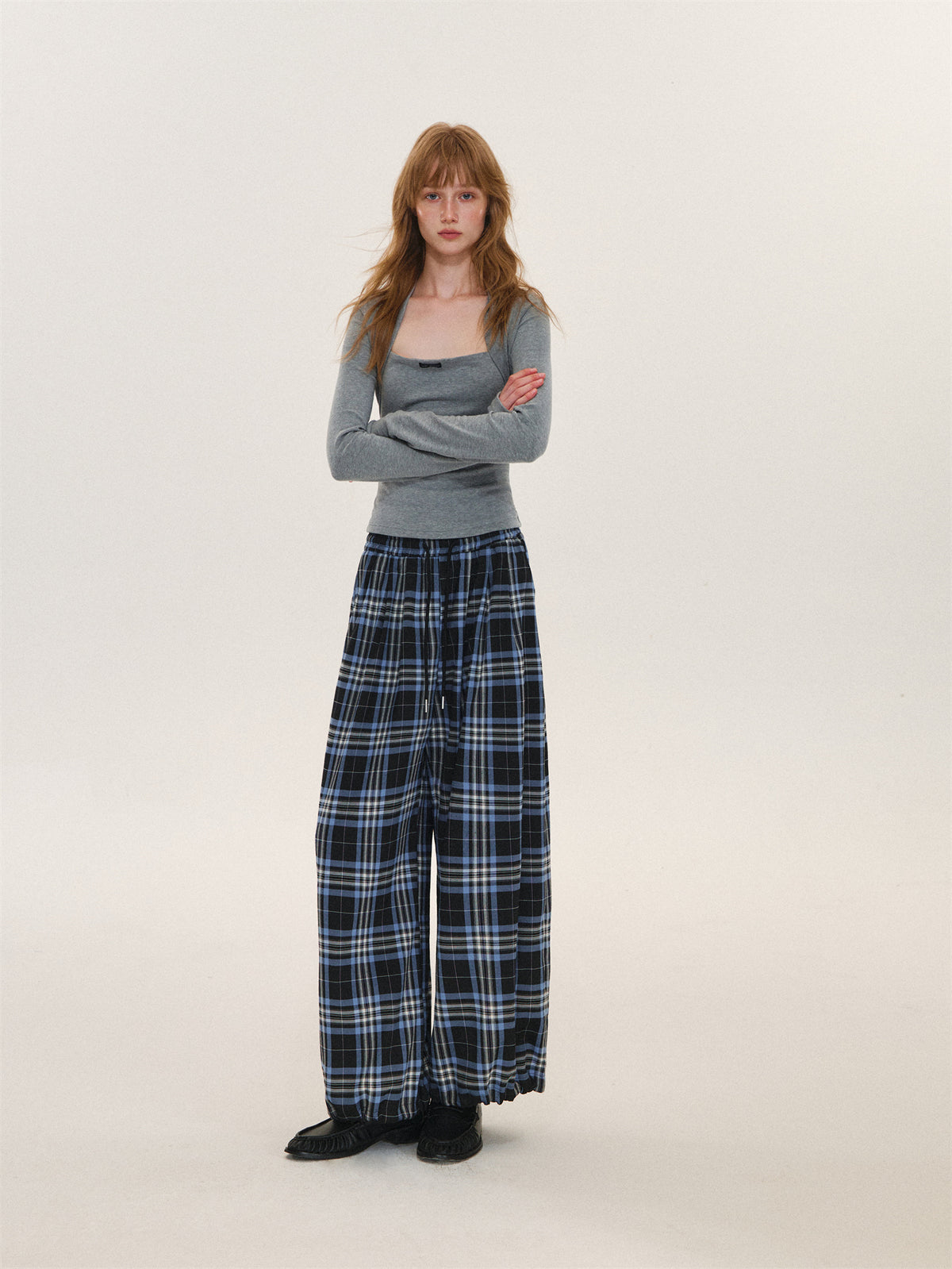 Asgony ASG26609 Plaid Wide-Leg Pants