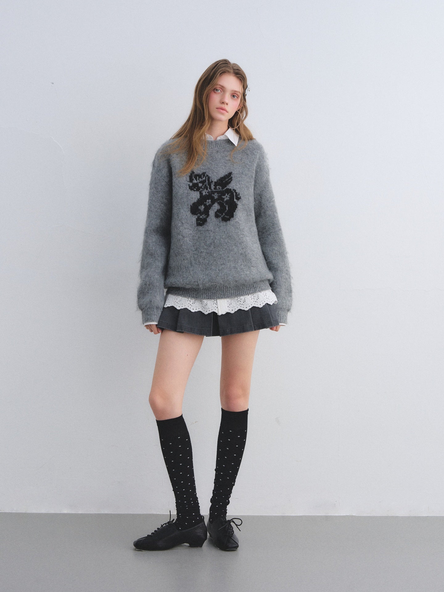 AsGony ASG25649&amp;ASG25679 Wool round neck jacquard sweater + skirt set