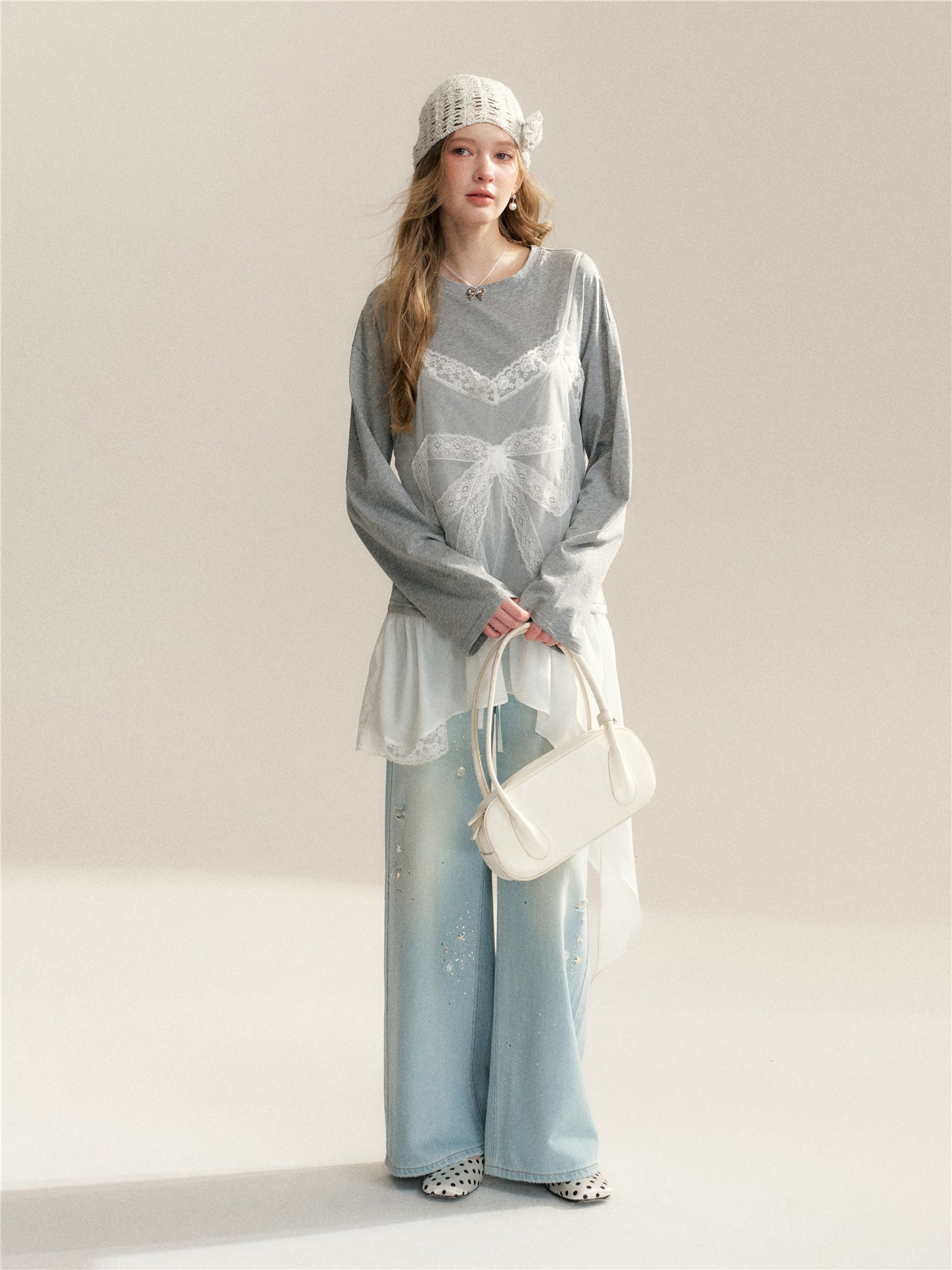 16DEWS 16D26062 Lace Splicing Fake Two Piece Irregular T-shirts