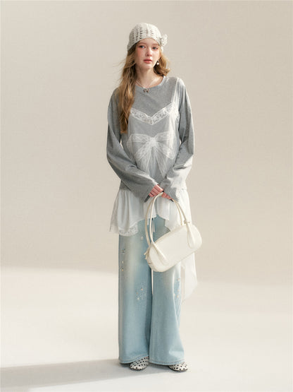 16DEWS 16D26062 Lace Splicing Fake Two Piece Irregular T-shirts