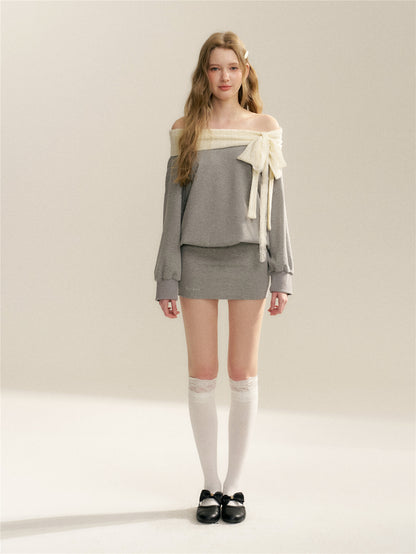 16DEWS 16D26052 Off shoulder bow waist bodycon dress