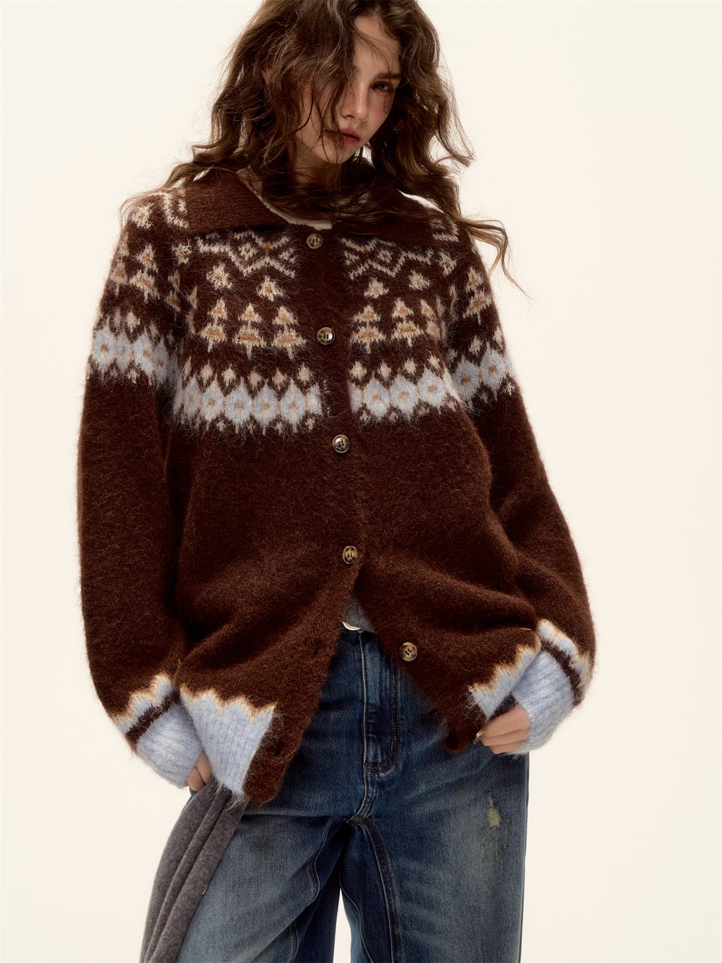 AsGony ASG25496 Wool Jacquard Fel Island Collar Button Knitted Cardigan