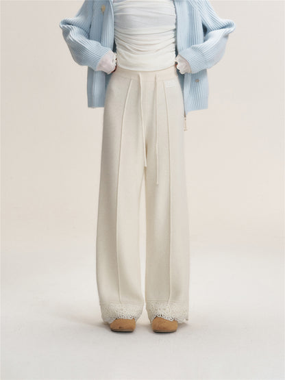 16DEWS 16D25471 Lace edged wool knitted straight leg pants