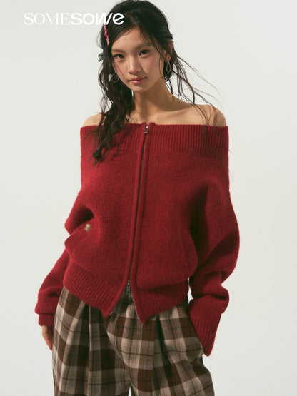 SOMESOWE S2509009 Off shoulder zipper cardigan