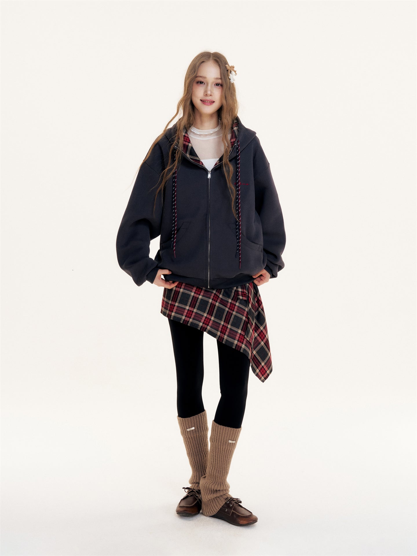 16DEWS 16D25429 Color blocked hooded drawstring sweatshirt jacket