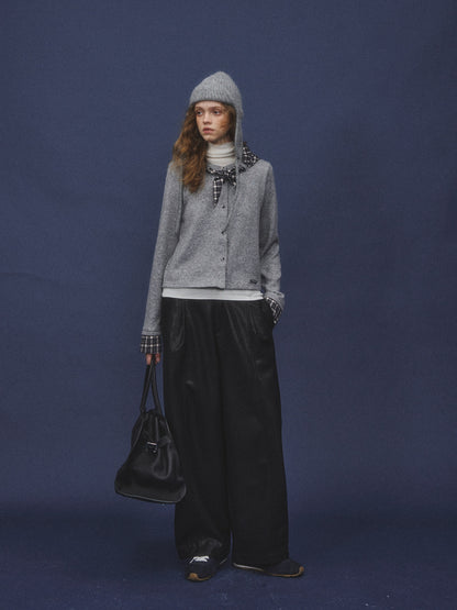 AsGony ASG25566 Wool plaid splicing tie sweater cardigan