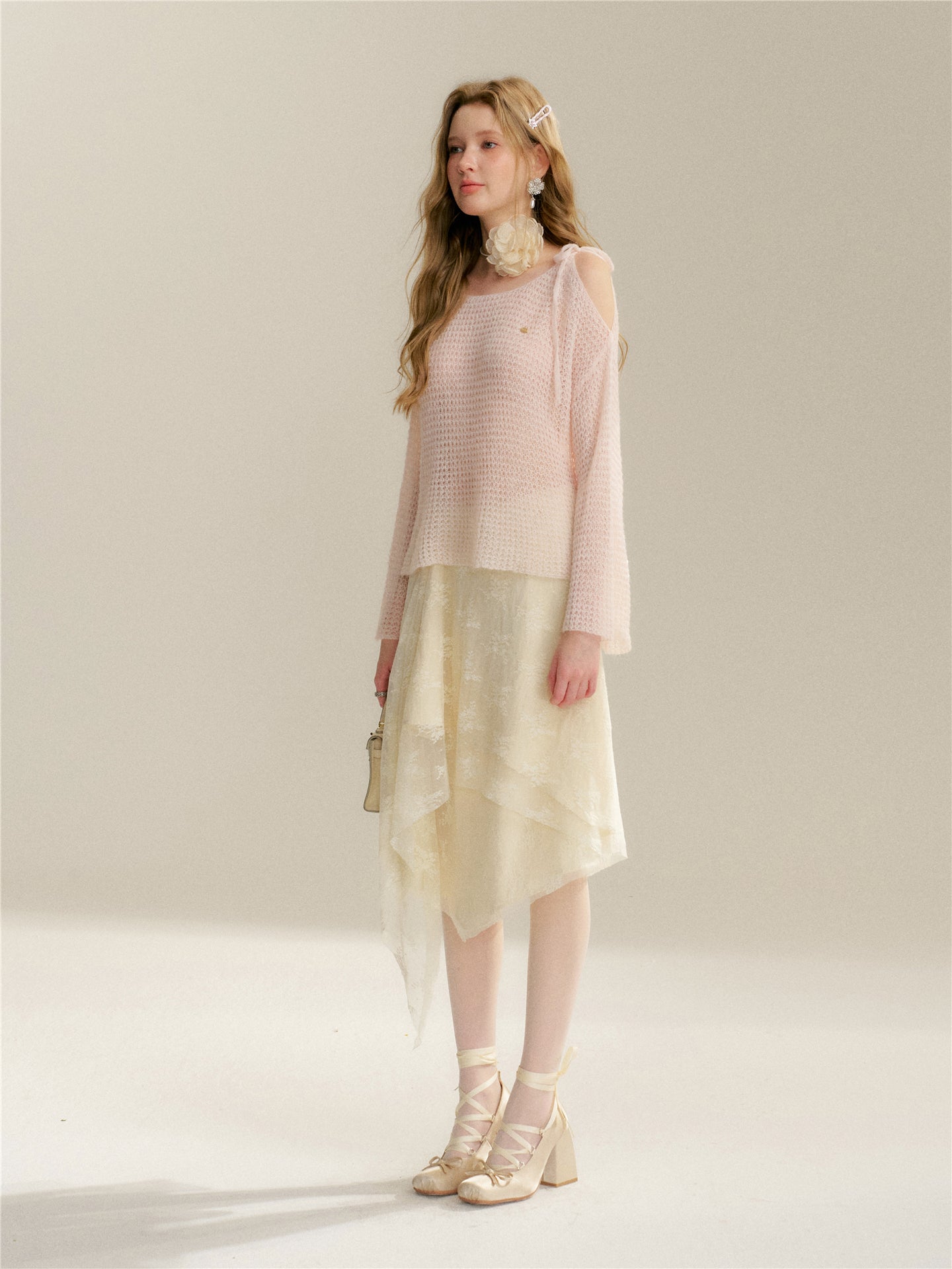 16DEWS 16D26048&amp;16D26049 Hollow out woolen lace up off shoulder knitted sweater + skirt set