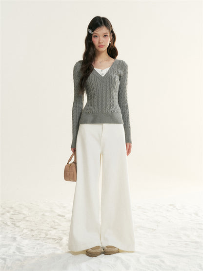 16DEWS 16D25514 Contrast V-neck fake two pieces knitting knitwear