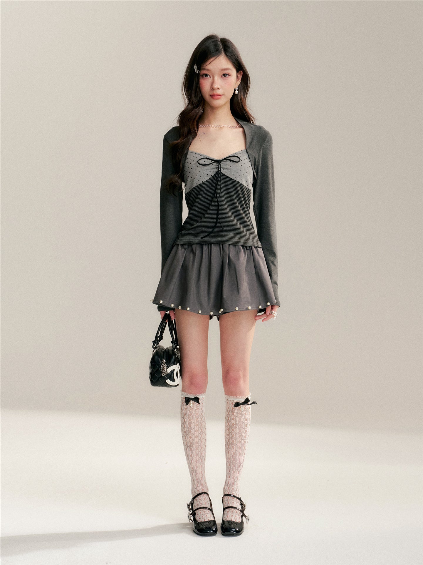 16DEWS 16D26045&amp;16D26046 Stripe contrasting fake two V-neck slim fit top + skirt set