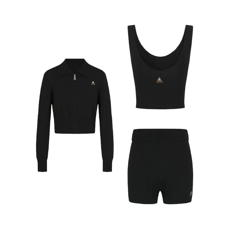 EDGII ED50AW12002&amp;ED50AW12004 Polo collar knitted cardigan + shorts set