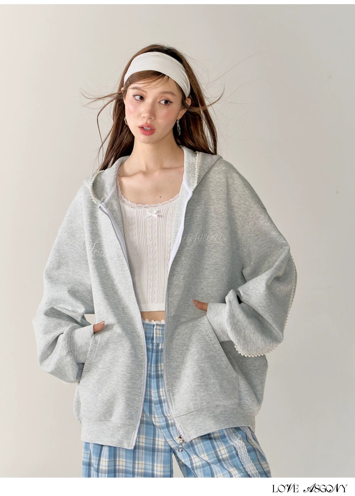 AsGony Grey Oversized Pearl Hoodie