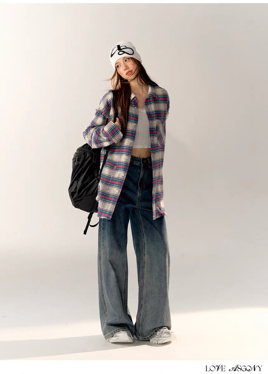 AsGony Label Grid Shirt &amp; High Waist Jeans