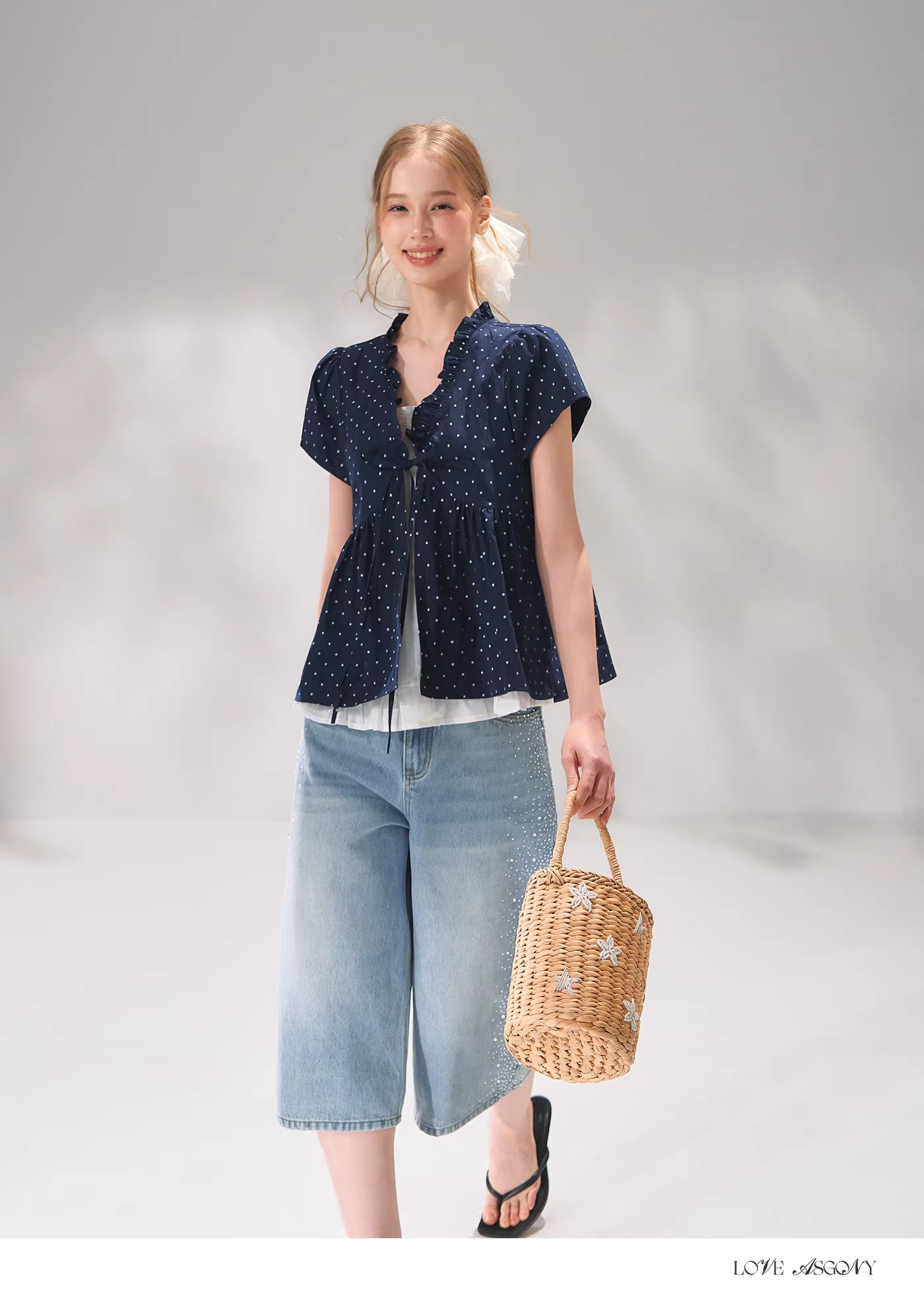 AsGony ASG26055 Fake two piece polka dot short sleeved shirt