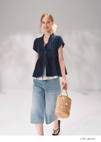 AsGony ASG26055 Fake two piece polka dot short sleeved shirt