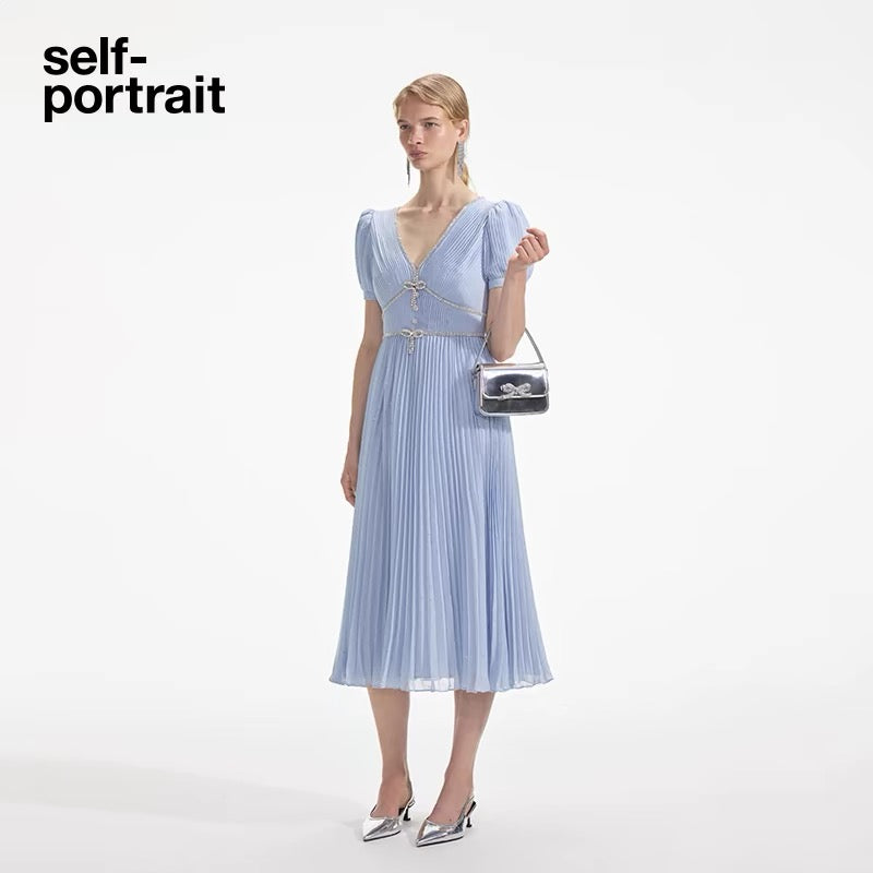 Self-Portrait BLUE METALLIC CHIFFON MIDI DRESS