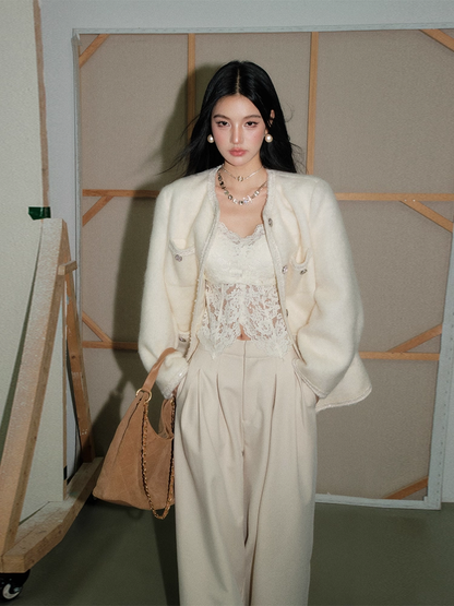 OLIVIA DUO DWT25418 Oversized Straight-Line White Bouclé Jacket