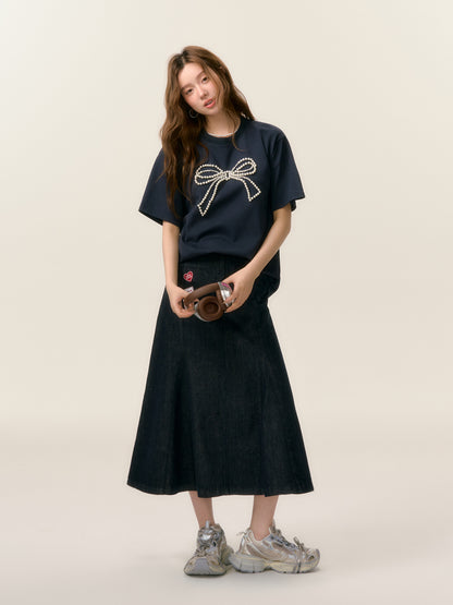 SOMESOWE S2508028 Beaded Bow Short-Sleeve T-Shirt (2color)