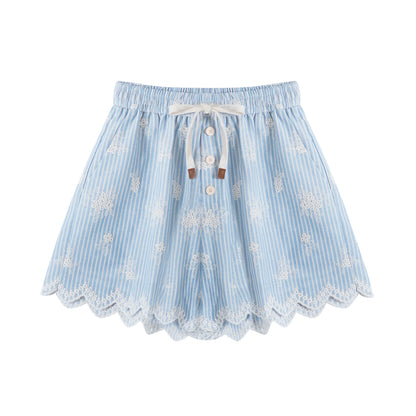 AsGony ASG25191&amp;ASG25192&amp;ASG25251 Lace embroidered wavy hem long sleeved shirt+shorts+headscarf set