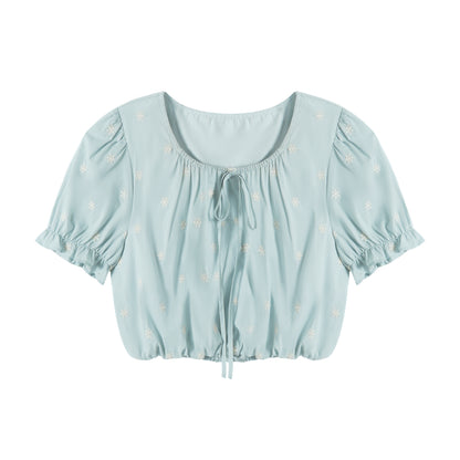AsGony ASG25193&amp;ASG25194&amp;ASG25195 Flower embroidery lace up bubble sleeve top+vest+skirt
