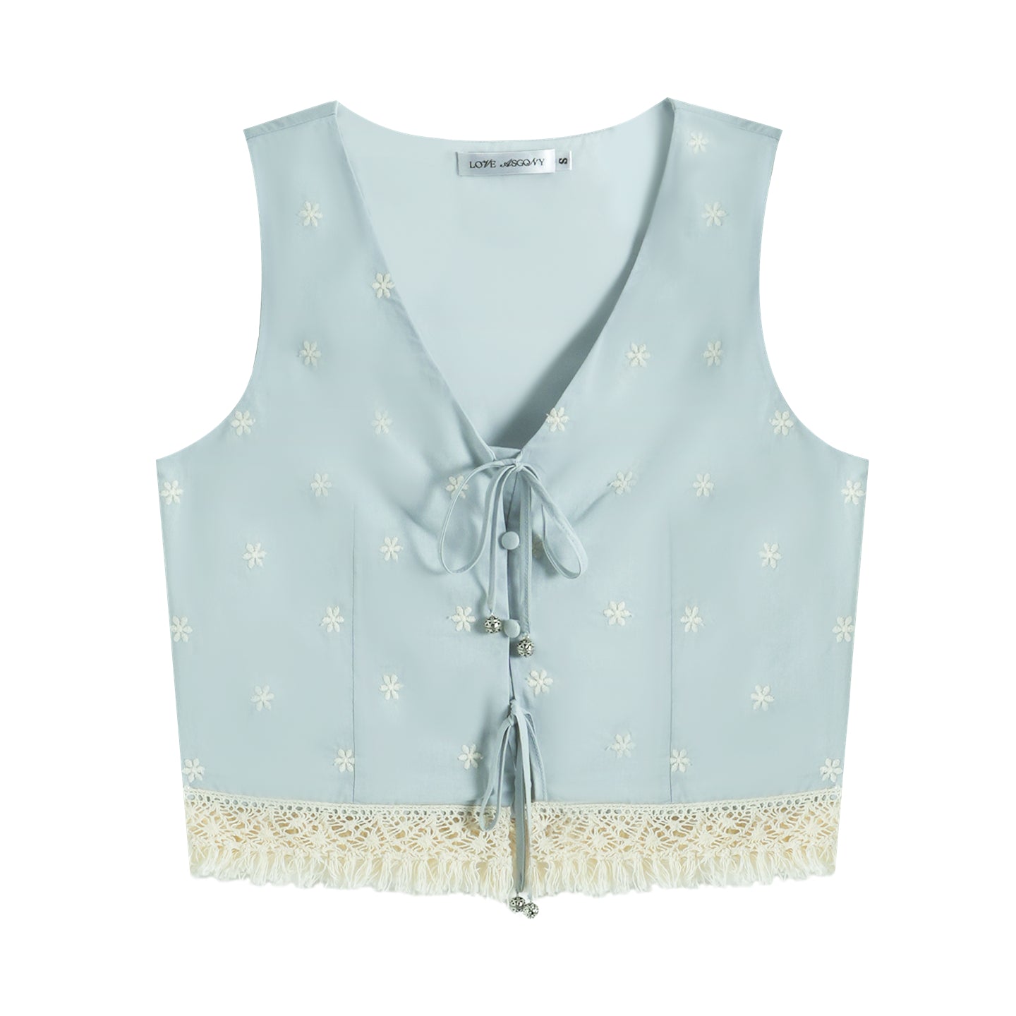 AsGony ASG25193&amp;ASG25194&amp;ASG25195 Flower embroidery lace up bubble sleeve top+vest+skirt