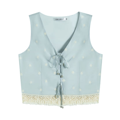 AsGony ASG25193&amp;ASG25194&amp;ASG25195 Flower embroidery lace up bubble sleeve top+vest+skirt