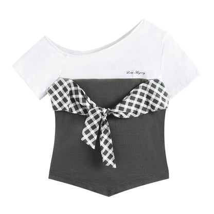 AsGony ASG25207&amp;ASG25208 Grid tied slim fit top+sports pants (2color)