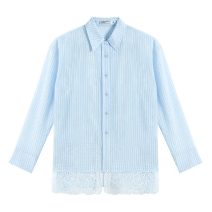 AsGony ASG25217 Striped lace patchwork long sleeved sunscreen shirt