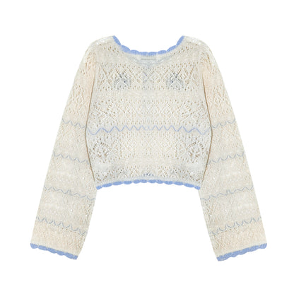 AsGony ASG25233 Ocean style hollow knitted pearl cardigan