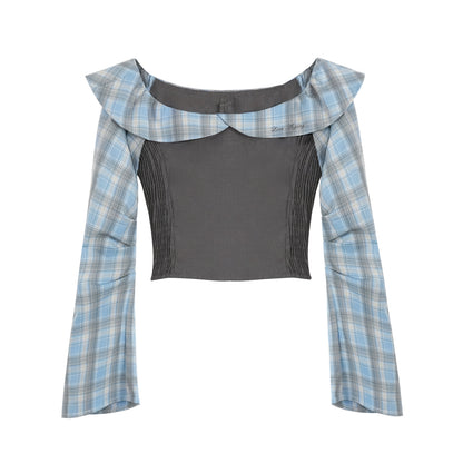 AsGony ASG25263&amp;ASG25264 Plaid patchwork off-shoulder top + pants set