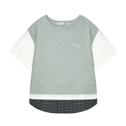 AsGony ASG25267 Plaid patchwork short sleeved top + skirt set (2color)