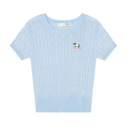 AsGony ASG25296 Skateboarding Dog Embroidery Knitted Short Sleeve Top