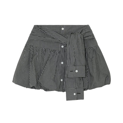 AsGony ASG25298 Plaid strap embroidered flower bud skirt