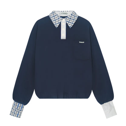 AsGony ASG25307&amp;ASG25308 Checkered shirt patchwork hoodie + skirt set