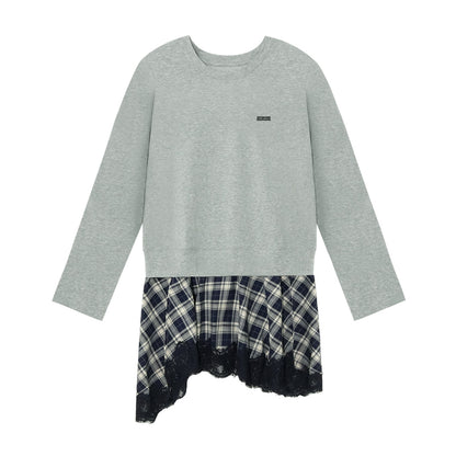AsGony ASG25314 Plaid lace patchwork long sleeved knitted dress